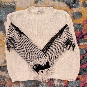 Fate Boho Cream and Black Fringe Sweater Indie Contrast